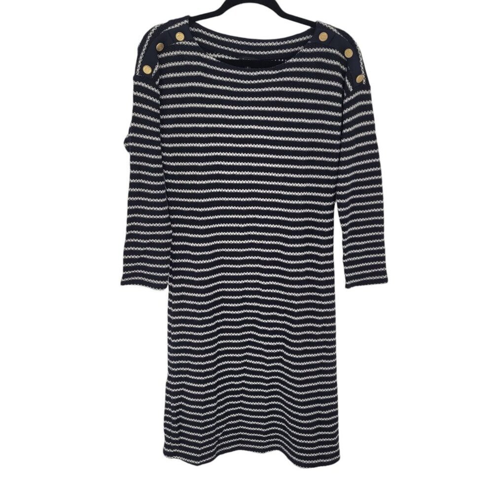 Talbots womens small shift knit mini dress boat neck gold shoulder buttons NWT